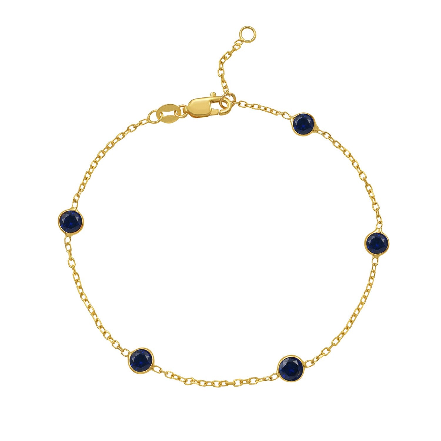 14K Yellow Gold Blue Sapphire Station Bracelet, 7" Adjustable