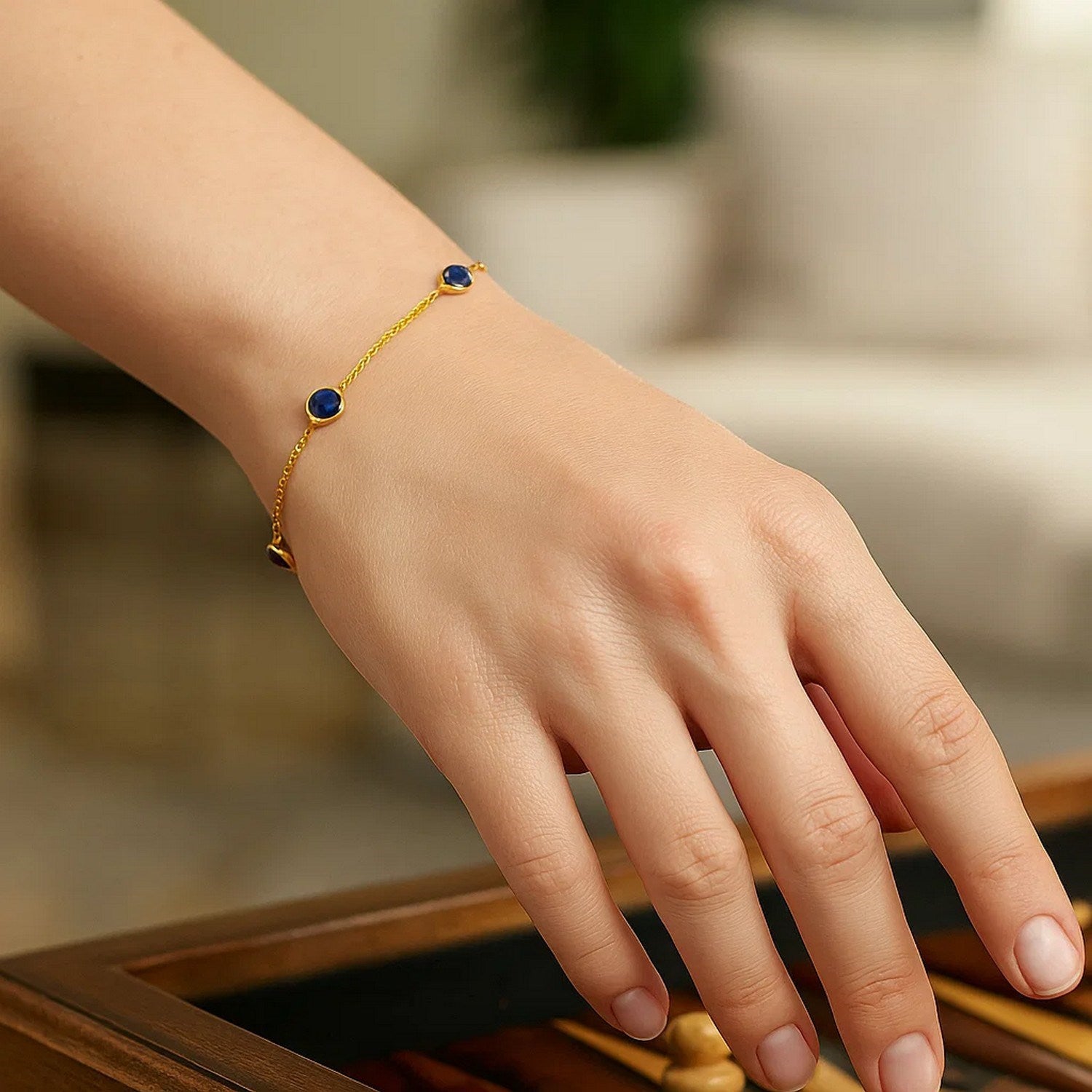 14K Yellow Gold Blue Sapphire Station Bracelet, 7" Adjustable