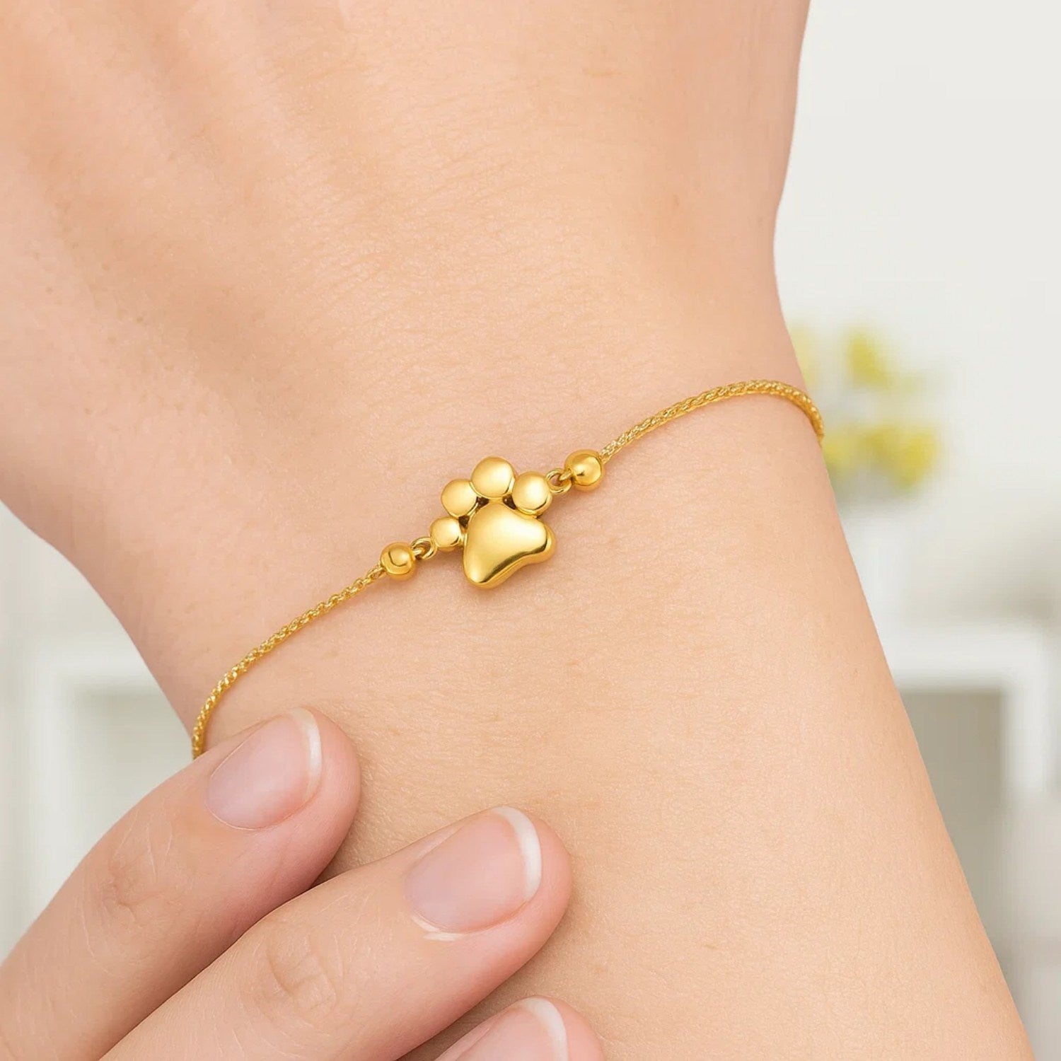 14K Yellow Gold Adjustable Paw Print Bracelet, 9.25"