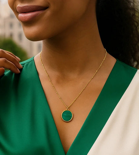 14K Yellow Gold Malachite Inlay Circle Necklace – Adjustable 16 to 18 Inch