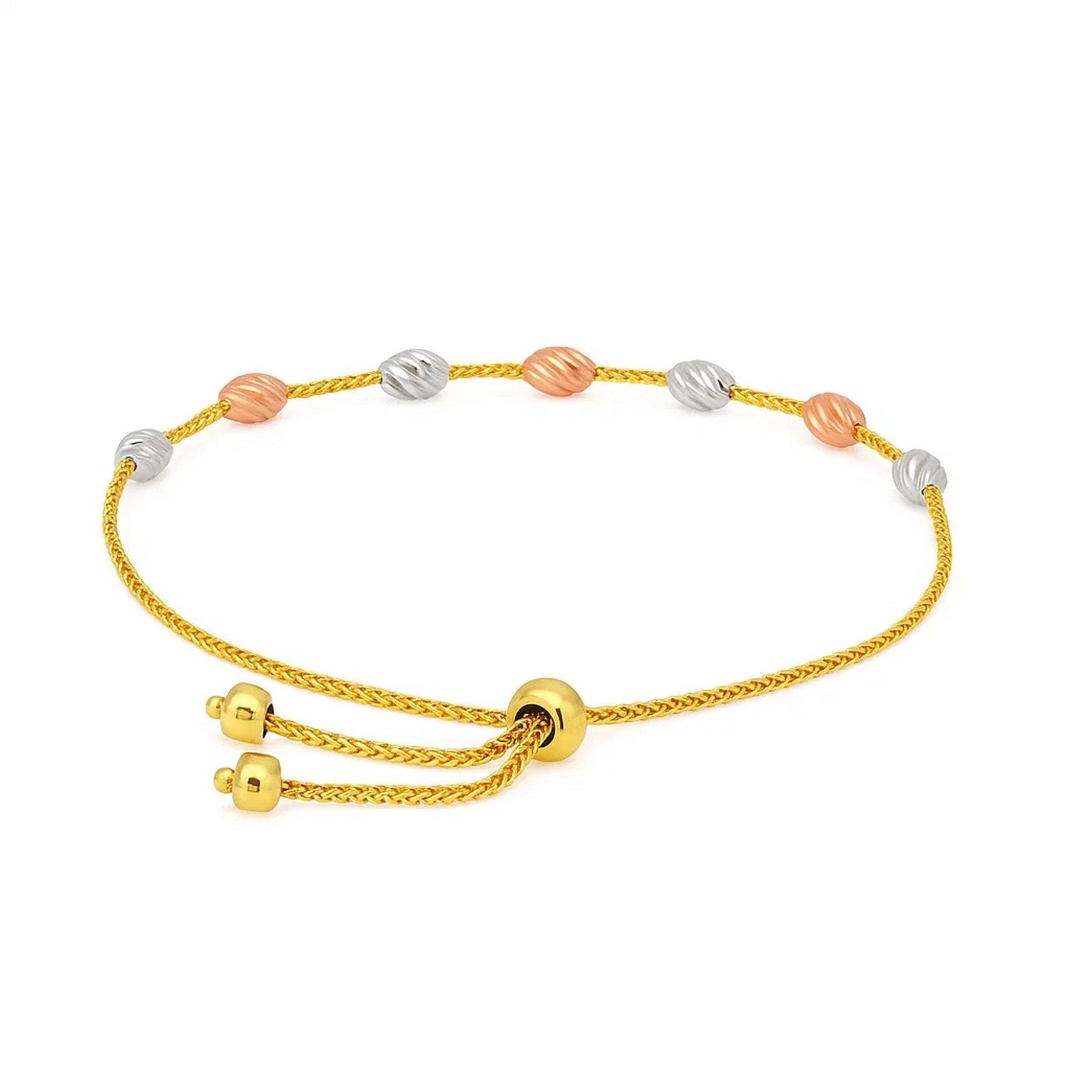 14k Tri-Color Gold Textured Oval Station Lariat Style Bracelet (1.20 mm)