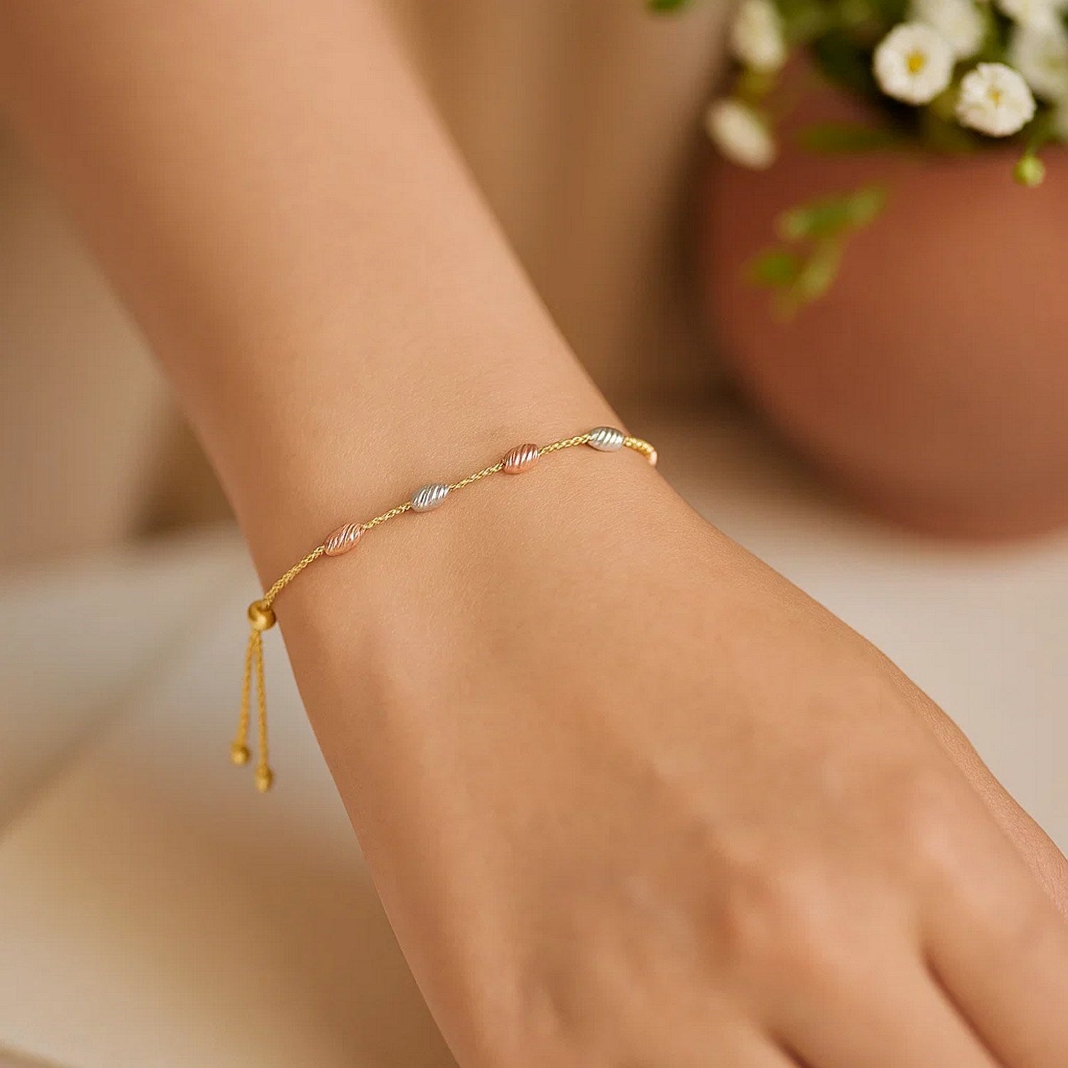 14k Tri-Color Gold Textured Oval Station Lariat Style Bracelet (1.20 mm)