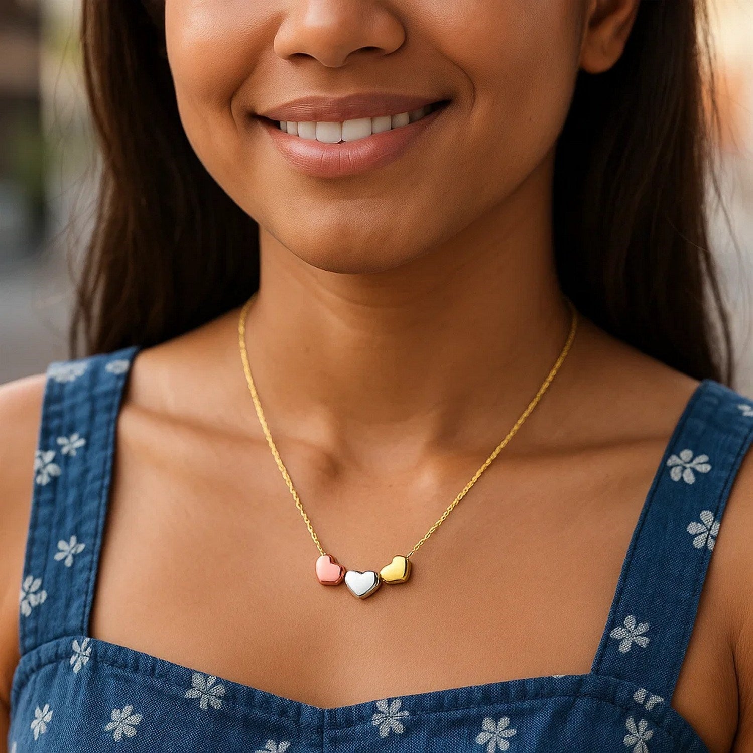 14K Tri-Color Gold Triple Heart Necklace