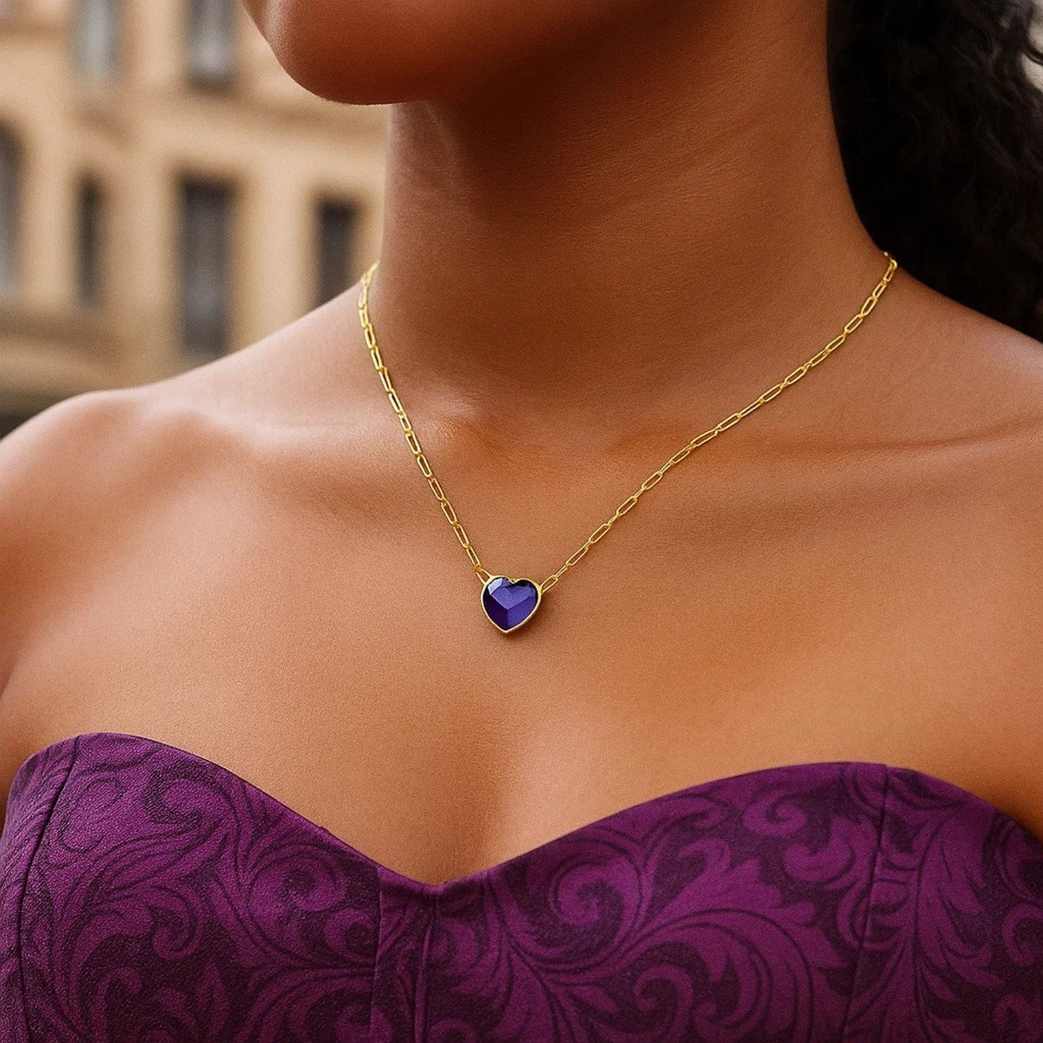14K Yellow Gold Amethyst Heart Necklace – Adjustable 15.75 to 18 Inch