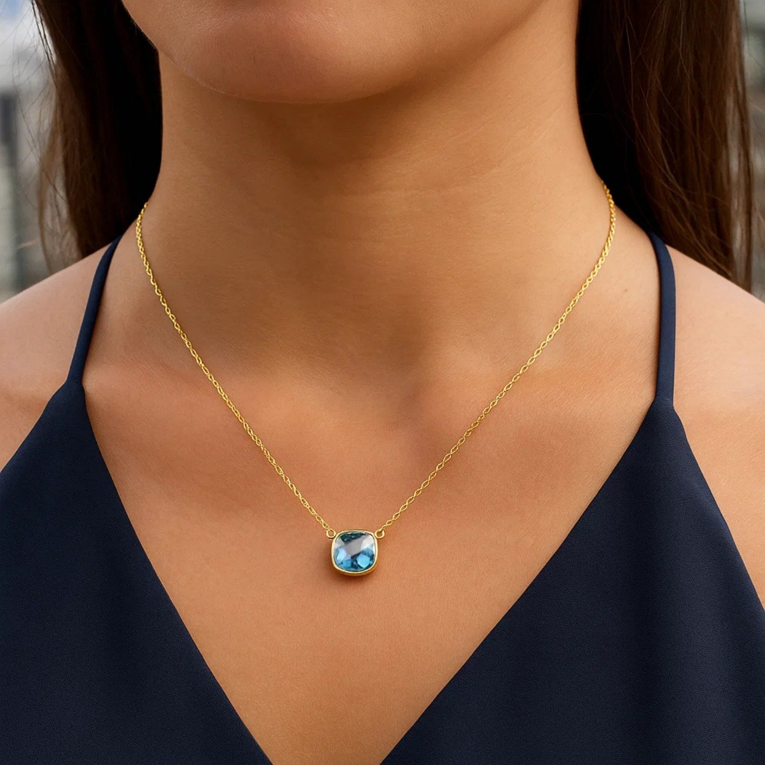 14K Yellow Gold Cushion Blue Topaz Necklace