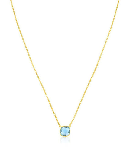 14K Yellow Gold Cushion Blue Topaz Necklace
