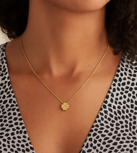 14K Yellow Gold Diamond Four-Leaf Clover Necklace 18 Inch