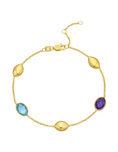 Load image into Gallery viewer, 14K Yellow Gold Amethyst &amp; Blue Topaz Oval Gemstone Bead Bracelet, 7.5" Adjustable
