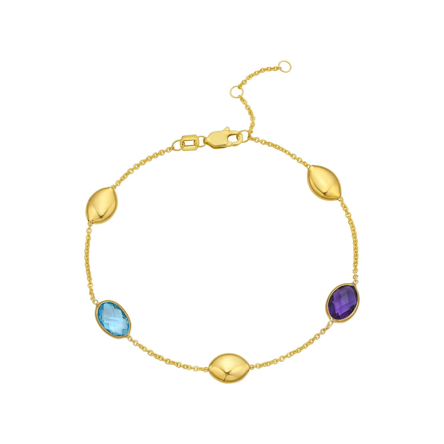 14K Yellow Gold Amethyst & Blue Topaz Oval Gemstone Bead Bracelet, 7.5" Adjustable