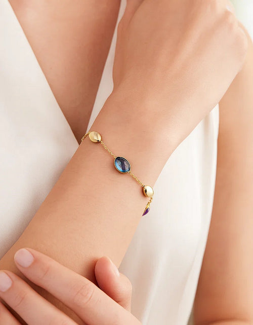Load image into Gallery viewer, 14K Yellow Gold Amethyst &amp; Blue Topaz Oval Gemstone Bead Bracelet, 7.5" Adjustable
