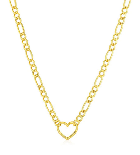 14K Yellow Gold Figaro Chain Open Heart Necklace 18 Inch