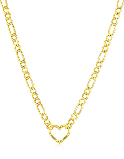 Load image into Gallery viewer, 14K Yellow Gold Figaro Chain Open Heart Necklace 18 Inch
