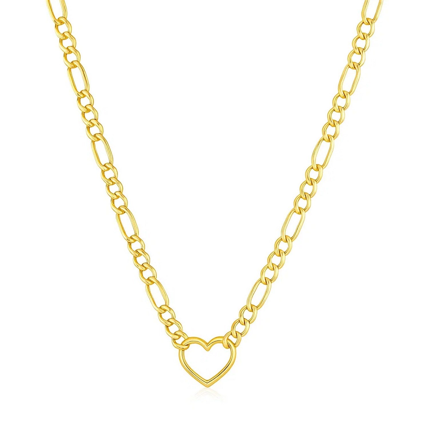 14K Yellow Gold Figaro Chain Open Heart Necklace 18 Inch