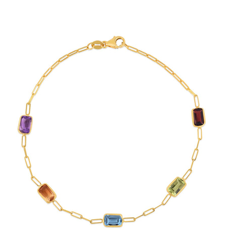 14K Yellow Gold Multi Gemstone Paperclip Bracelet, 7"