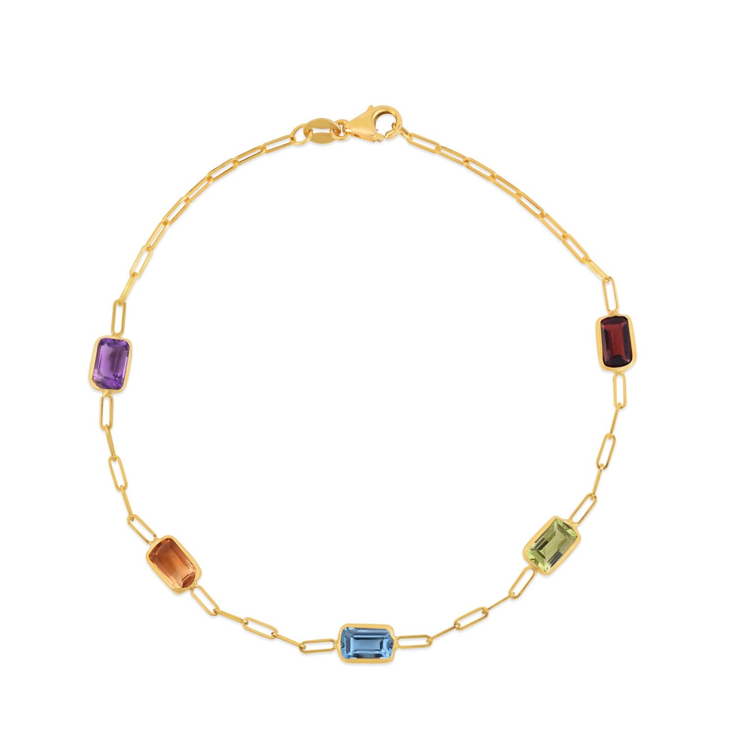 14K Yellow Gold Multi Gemstone Paperclip Bracelet, 7"