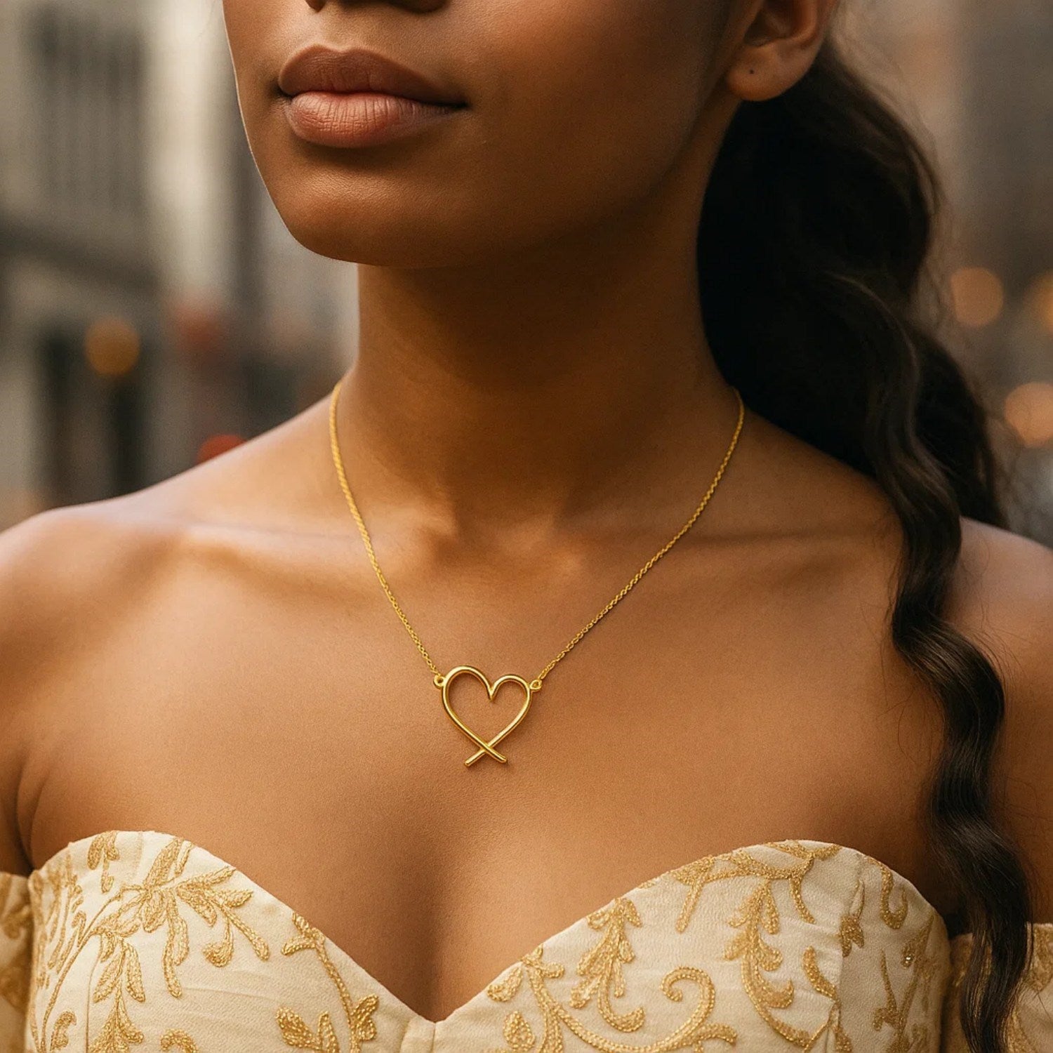 14K Yellow Gold Open Heart Necklace Adjustable 16–18 Inch