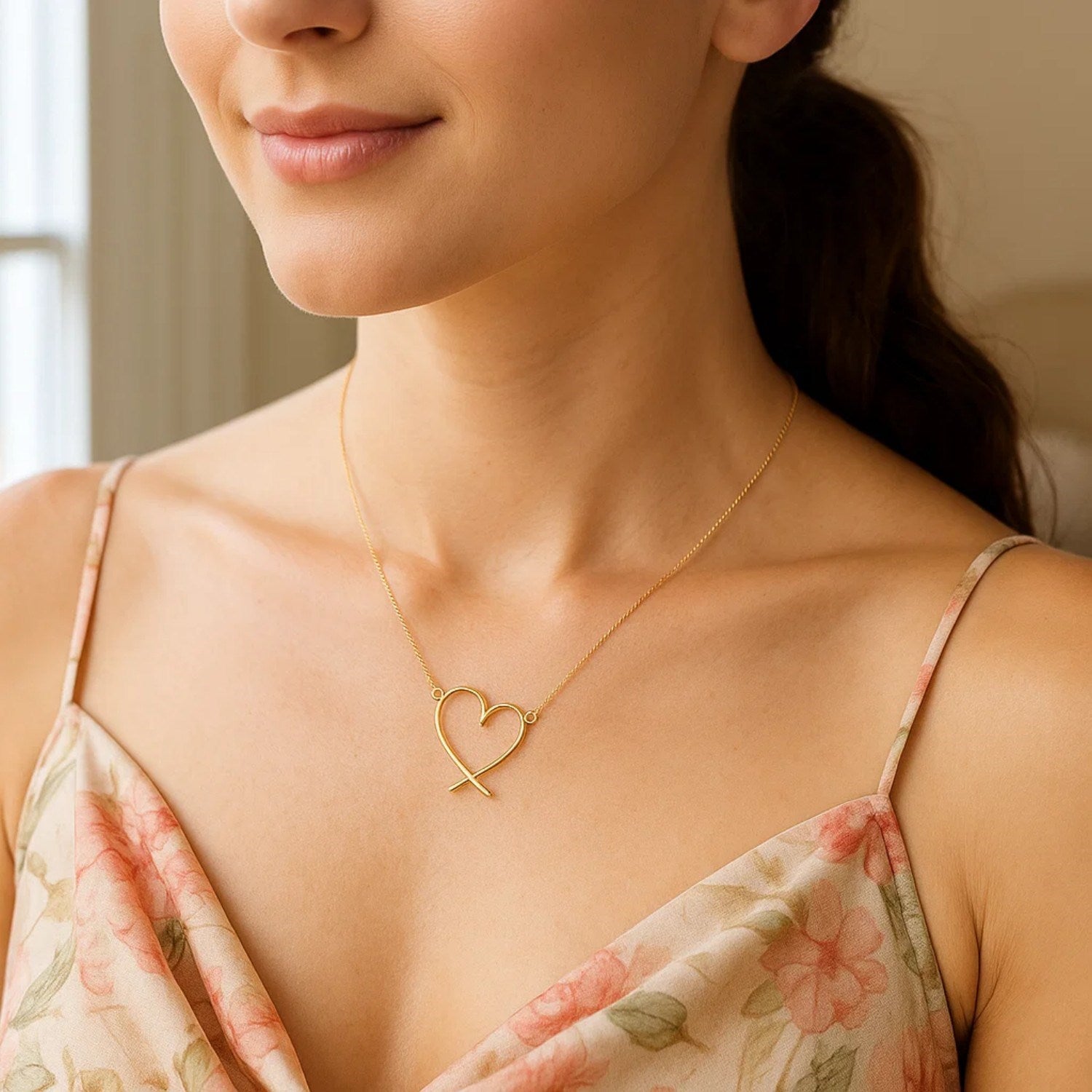 14K Yellow Gold Open Heart Necklace Adjustable 16–18 Inch