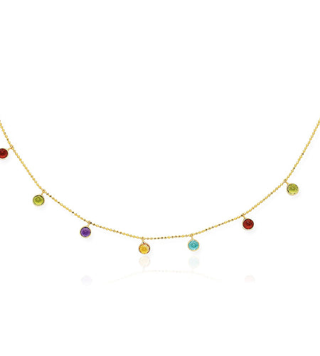 14K Yellow Gold Multi-Color Round Charm Necklace – Adjustable 16 to 18 Inch