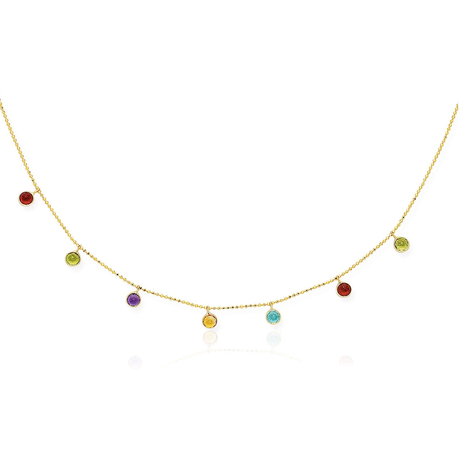 14K Yellow Gold Multi-Color Round Charm Necklace – Adjustable 16 to 18 Inch