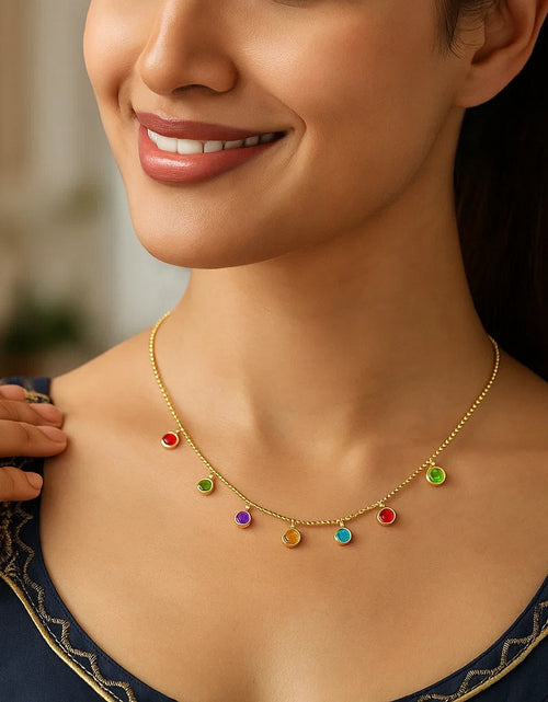 Load image into Gallery viewer, 14K Yellow Gold Multi-Color Round Charm Necklace – Adjustable 16 to 18 Inch
