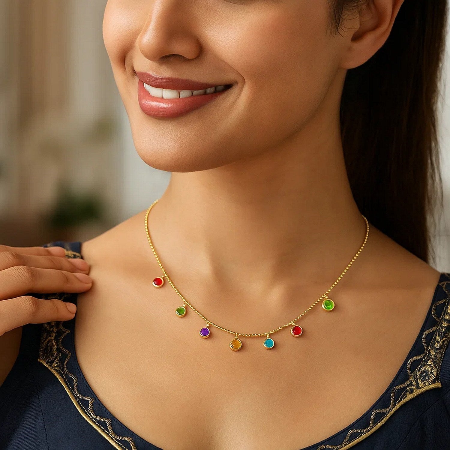 14K Yellow Gold Multi-Color Round Charm Necklace – Adjustable 16 to 18 Inch