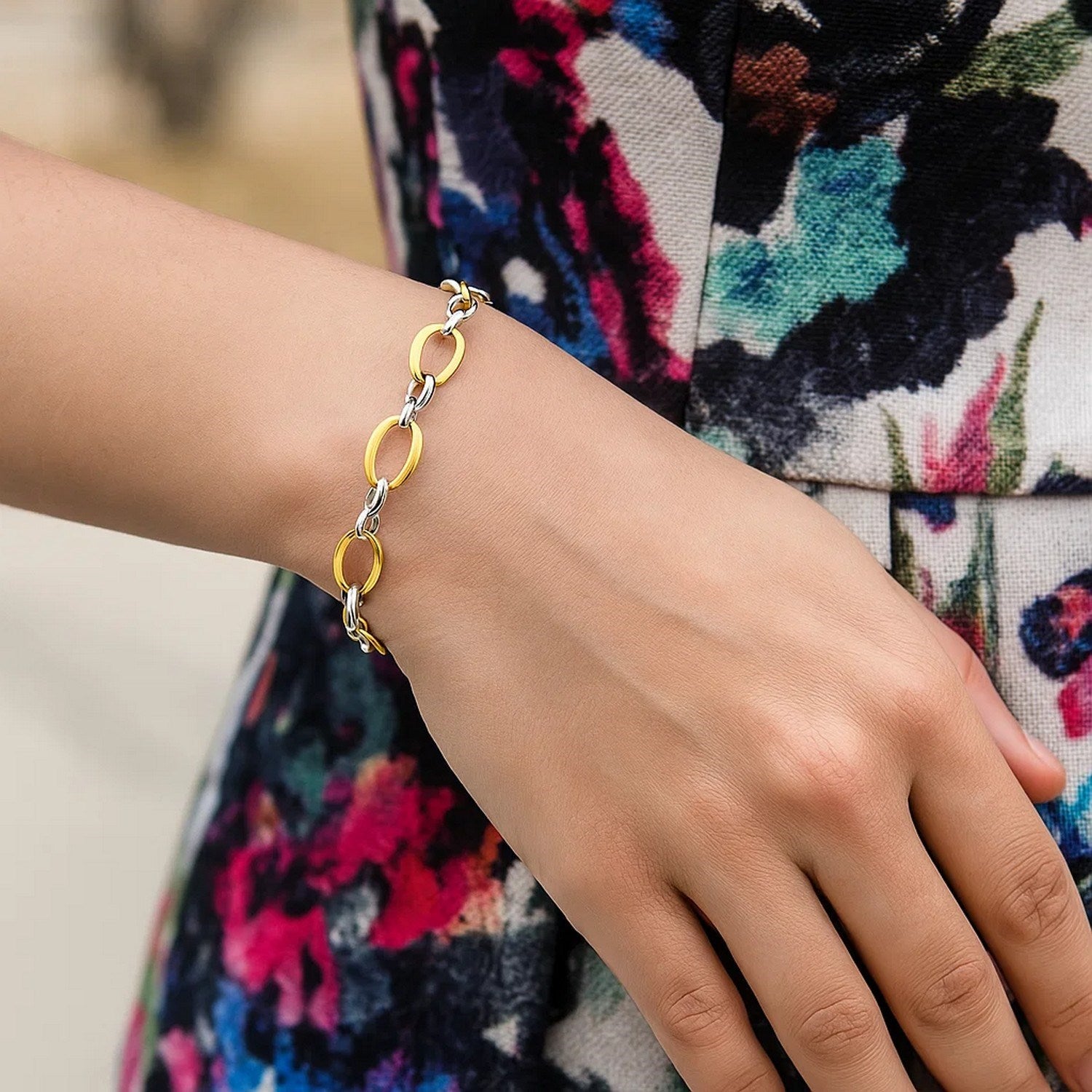 14K Two Tone Gold Twisted Oval Link Bracelet, 7.75"