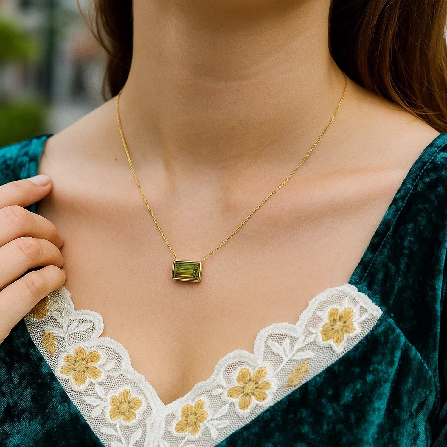 14K Yellow Gold Emerald-Cut Peridot Necklace 18 Inch