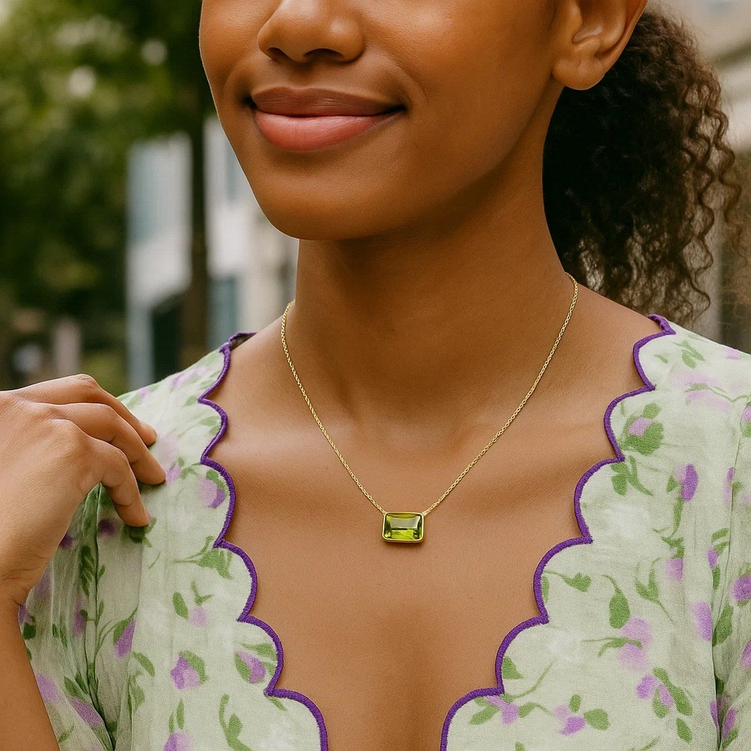 14K Yellow Gold Emerald-Cut Peridot Necklace 18 Inch