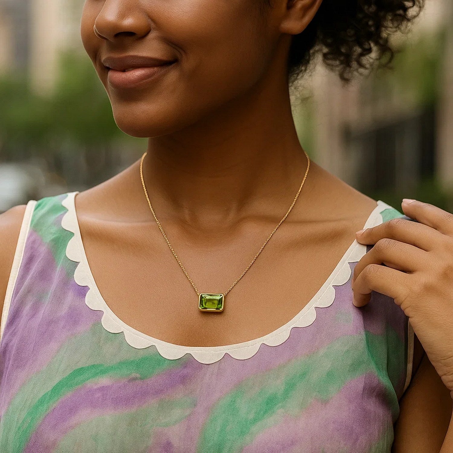 14K Yellow Gold Emerald-Cut Peridot Necklace 18 Inch