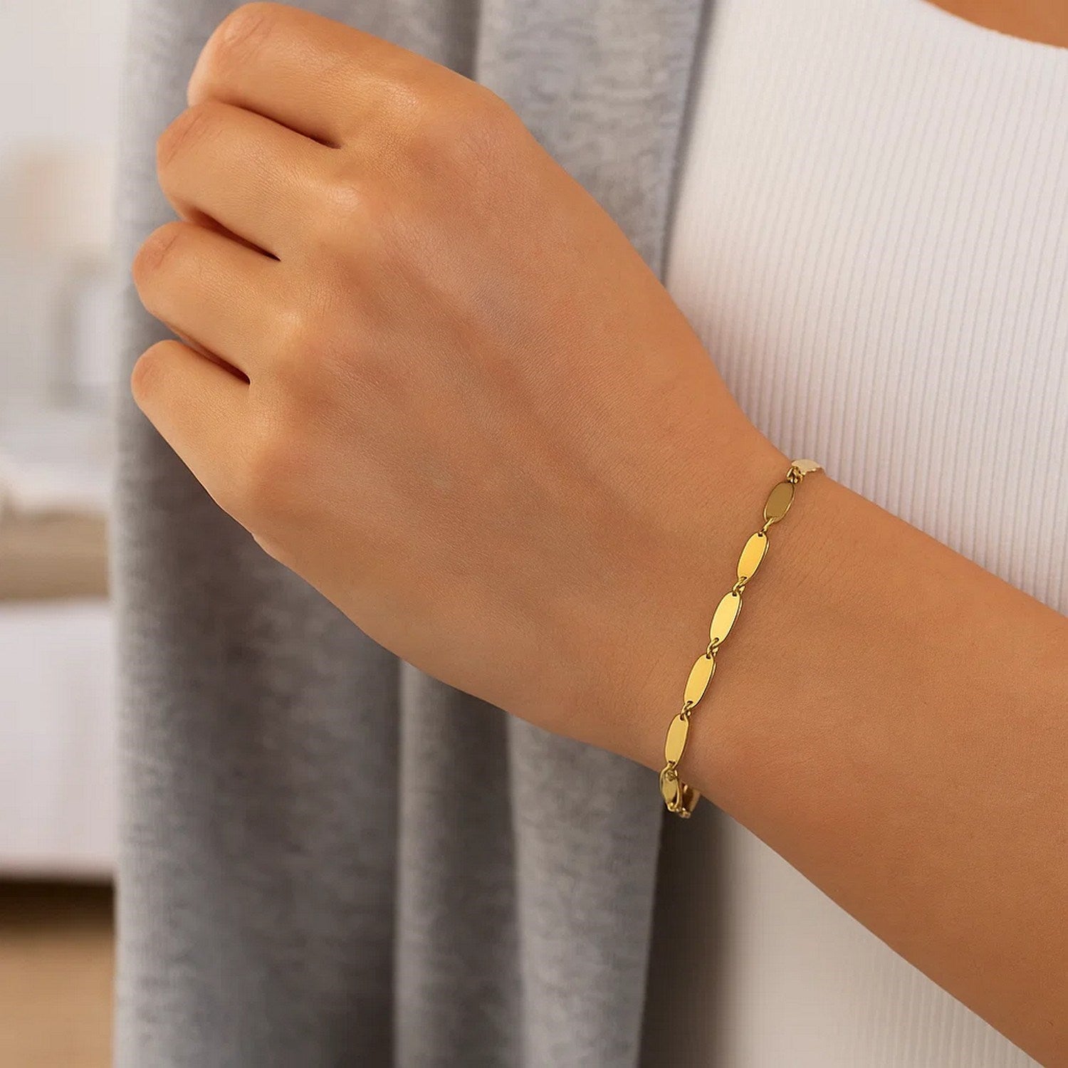 14K Yellow Gold Flat Pebble Link Bracelet, 7"