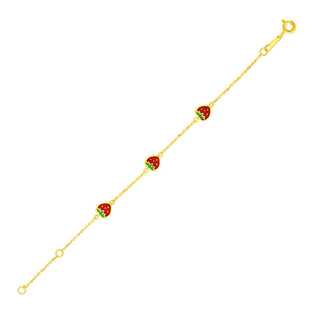 14K Yellow Gold Children’s Enamel Strawberry Bracelet, 5.5"