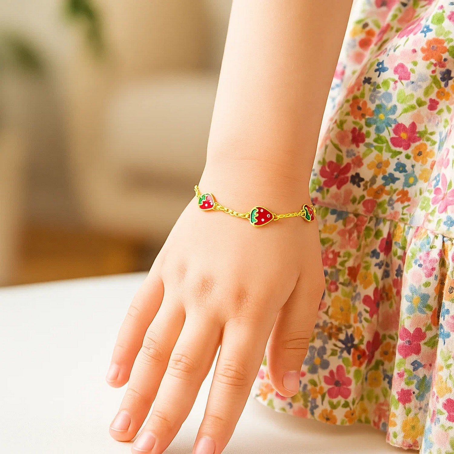 14K Yellow Gold Children’s Enamel Strawberry Bracelet, 5.5"
