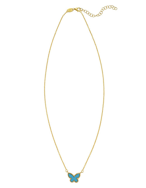 Load image into Gallery viewer, 14K Yellow Gold Turquoise Butterfly Necklace 18 in Reversible Pendant
