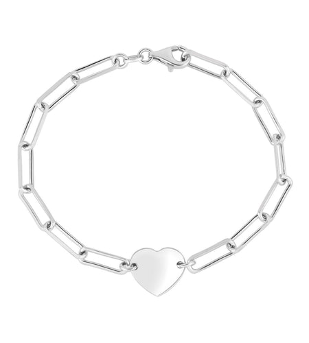 Sterling Silver Rhodium-Plated Engravable Heart Paperclip Bracelet