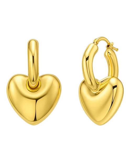 Load image into Gallery viewer, 14K Yellow Gold Puffy Heart Dangle Huggie Hoop Earrings
