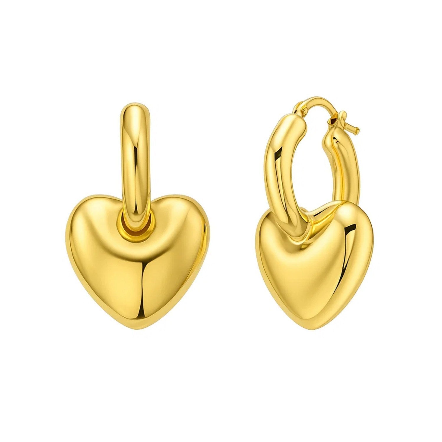 14K Yellow Gold Puffy Heart Dangle Huggie Hoop Earrings