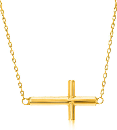 14K Yellow Gold Polished Cross Necklace 18 in Horizontal Faith Necklace