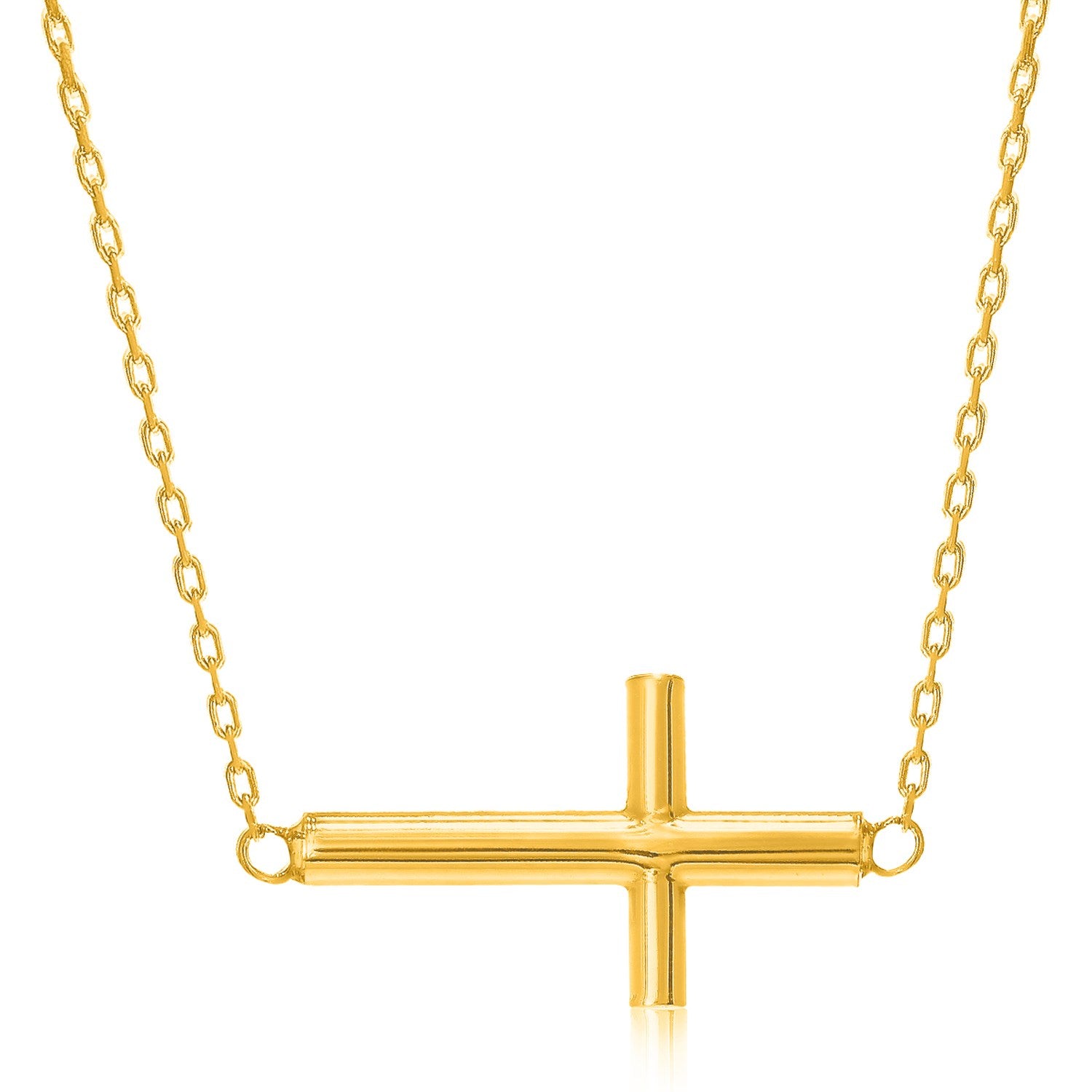 14K Yellow Gold Polished Cross Necklace 18 in Horizontal Faith Necklace