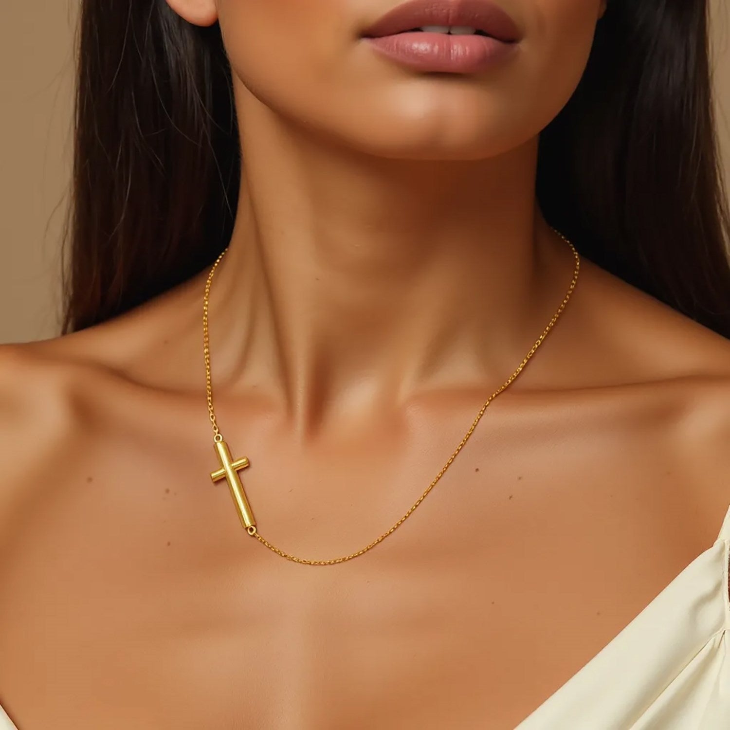 14K Yellow Gold Polished Cross Necklace 18 in Horizontal Faith Necklace