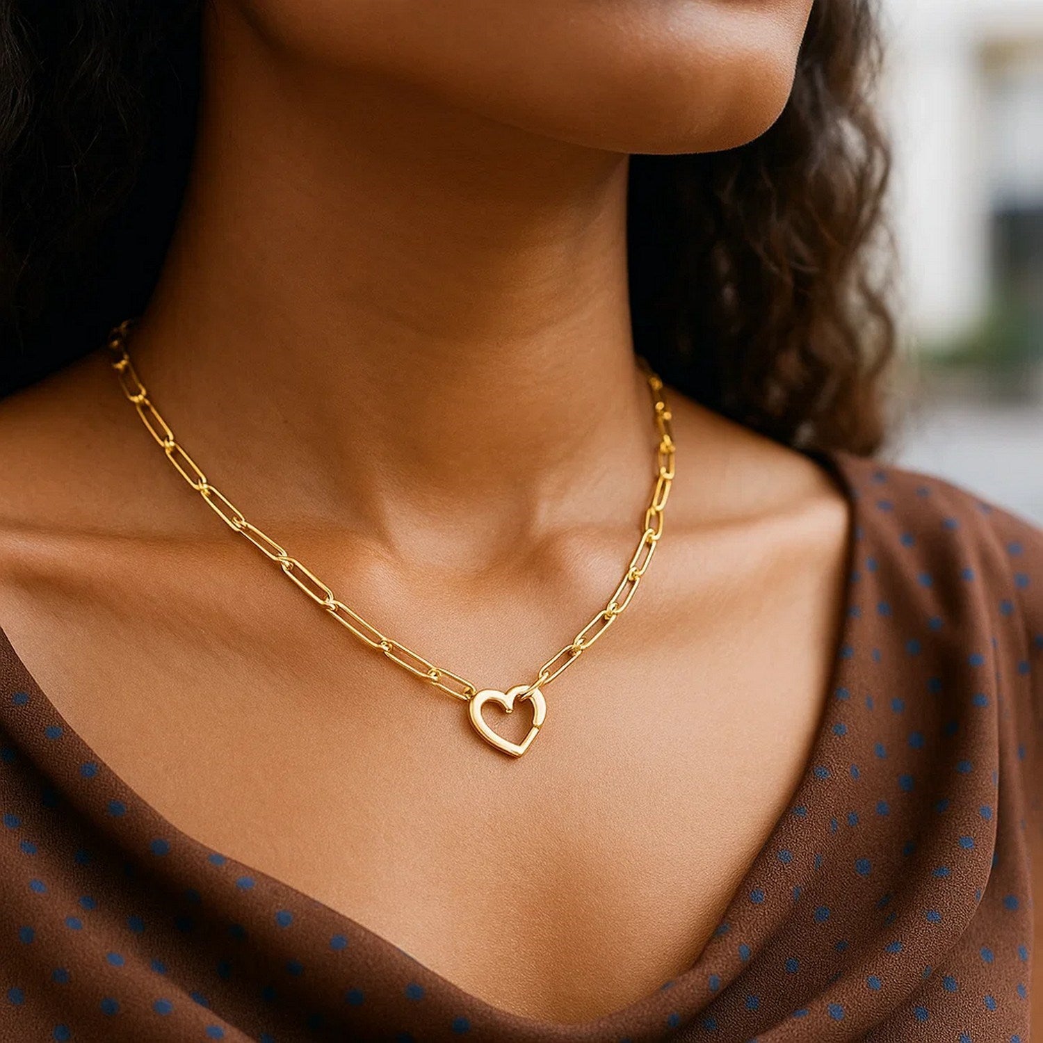 14K Yellow Gold Heart Paperclip Necklace