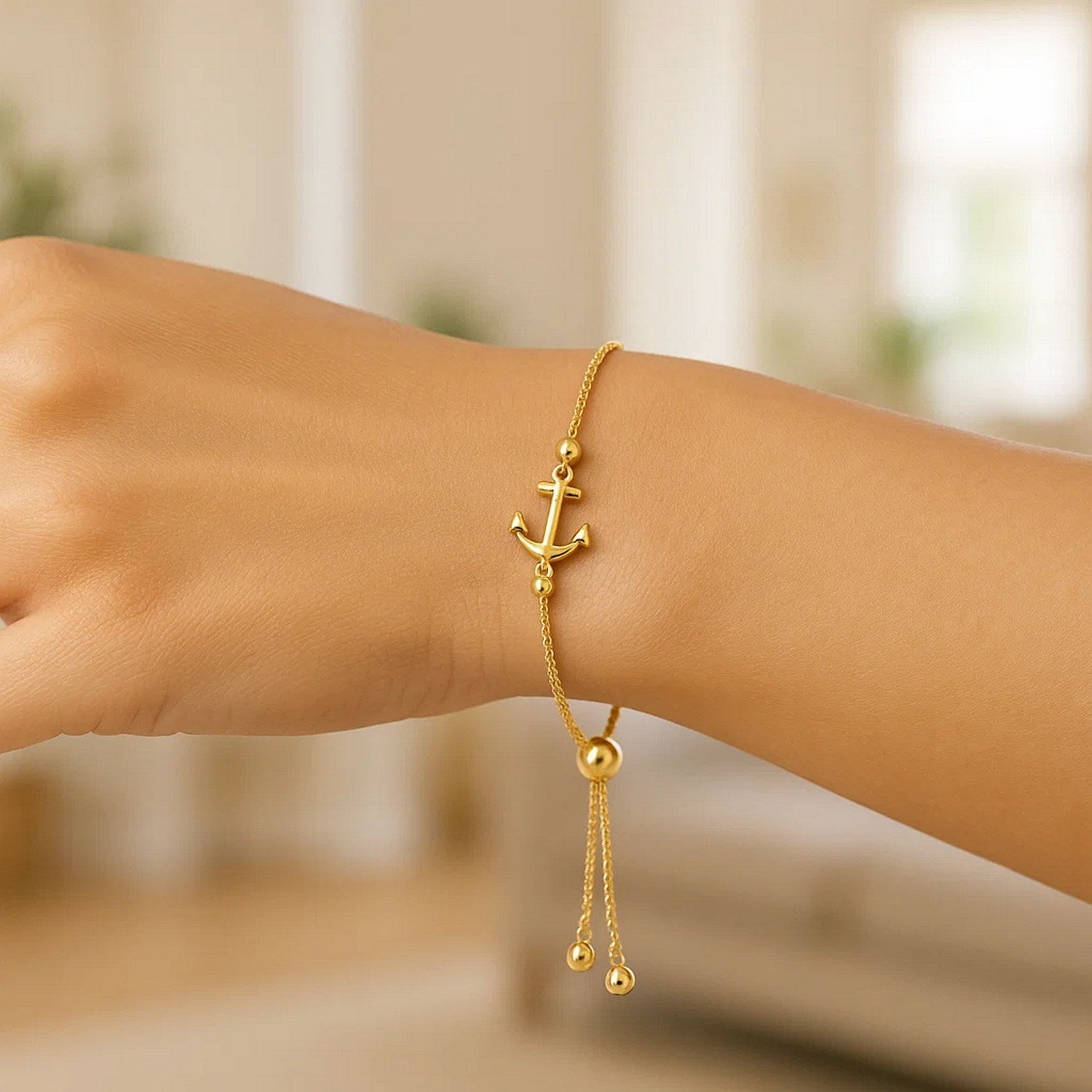 14k Yellow Gold Anchor Adjustable Lariat Bracelet – 9.25 Inches