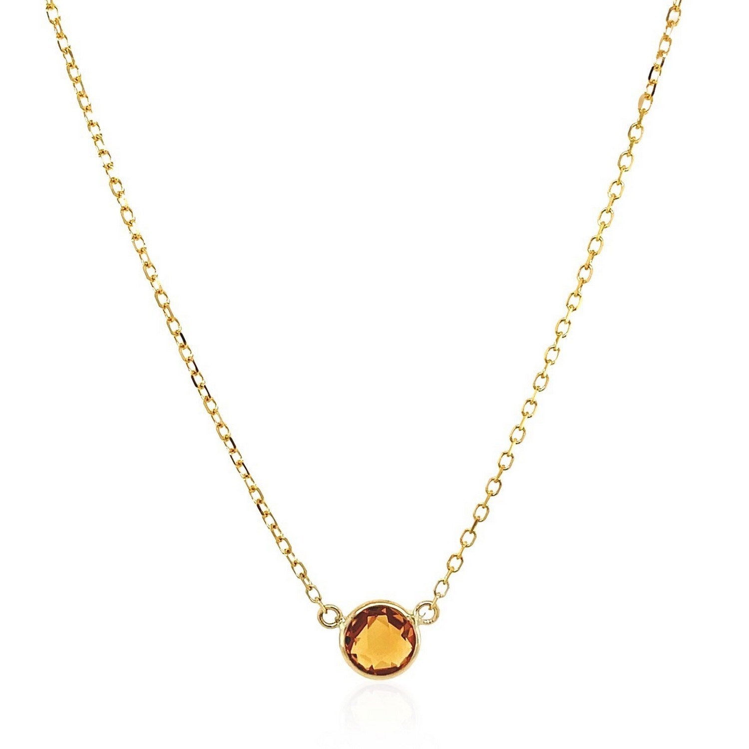 14K Yellow Gold Round Citrine Bezel Necklace 17 Inch