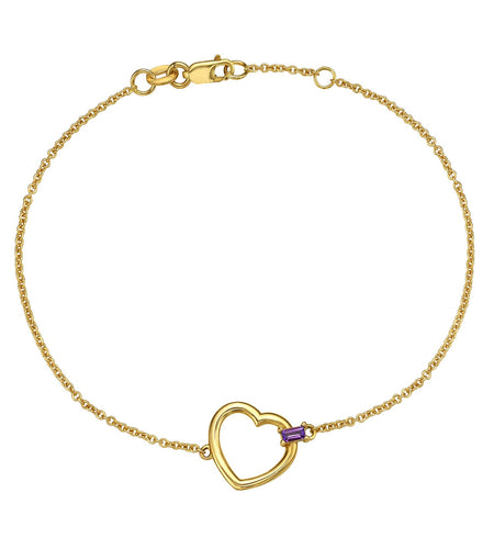 14K Yellow Gold Amethyst Baguette Heart Bracelet – 7 Inches