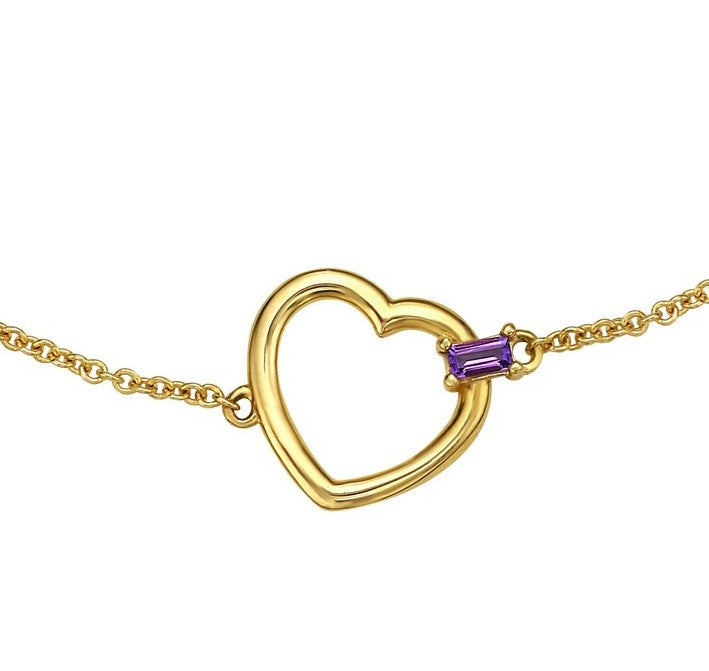 14K Yellow Gold Amethyst Baguette Heart Bracelet – 7 Inches