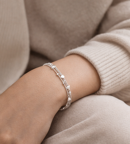 925 Sterling Silver "Sweetheart Drift" Triple Strand Heart & Bead Bracelet