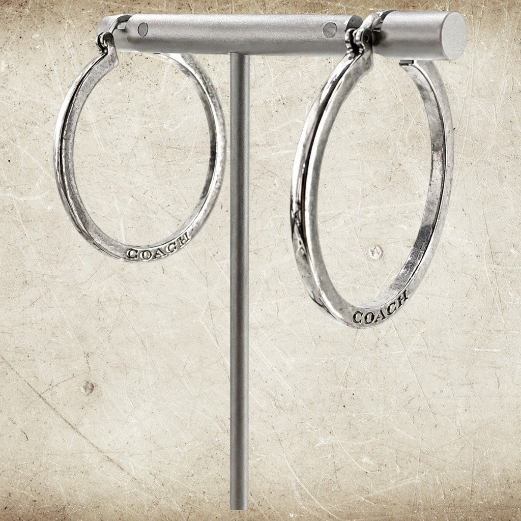Coach Silver Tone Logo Hoop Earrings Minimalist Designer Hoops