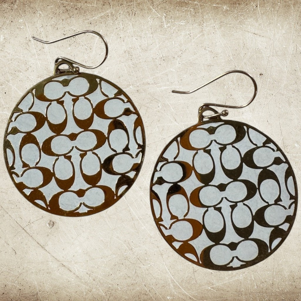 Coach Gold Tone Signature Logo Disc Dangle Earrings