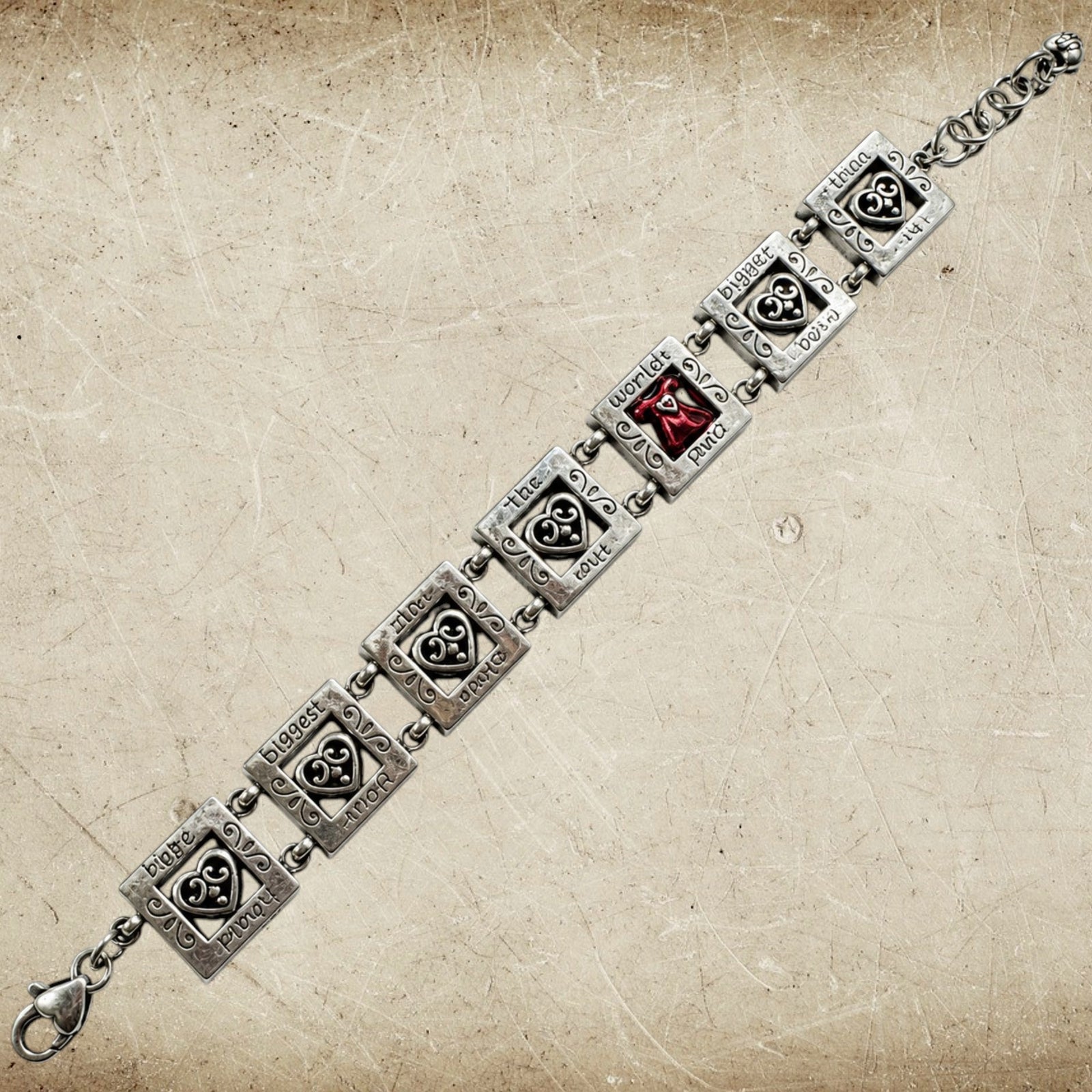 Brighton Silver-Tone Story Panel Bracelet with Red Crystal Heart Accent