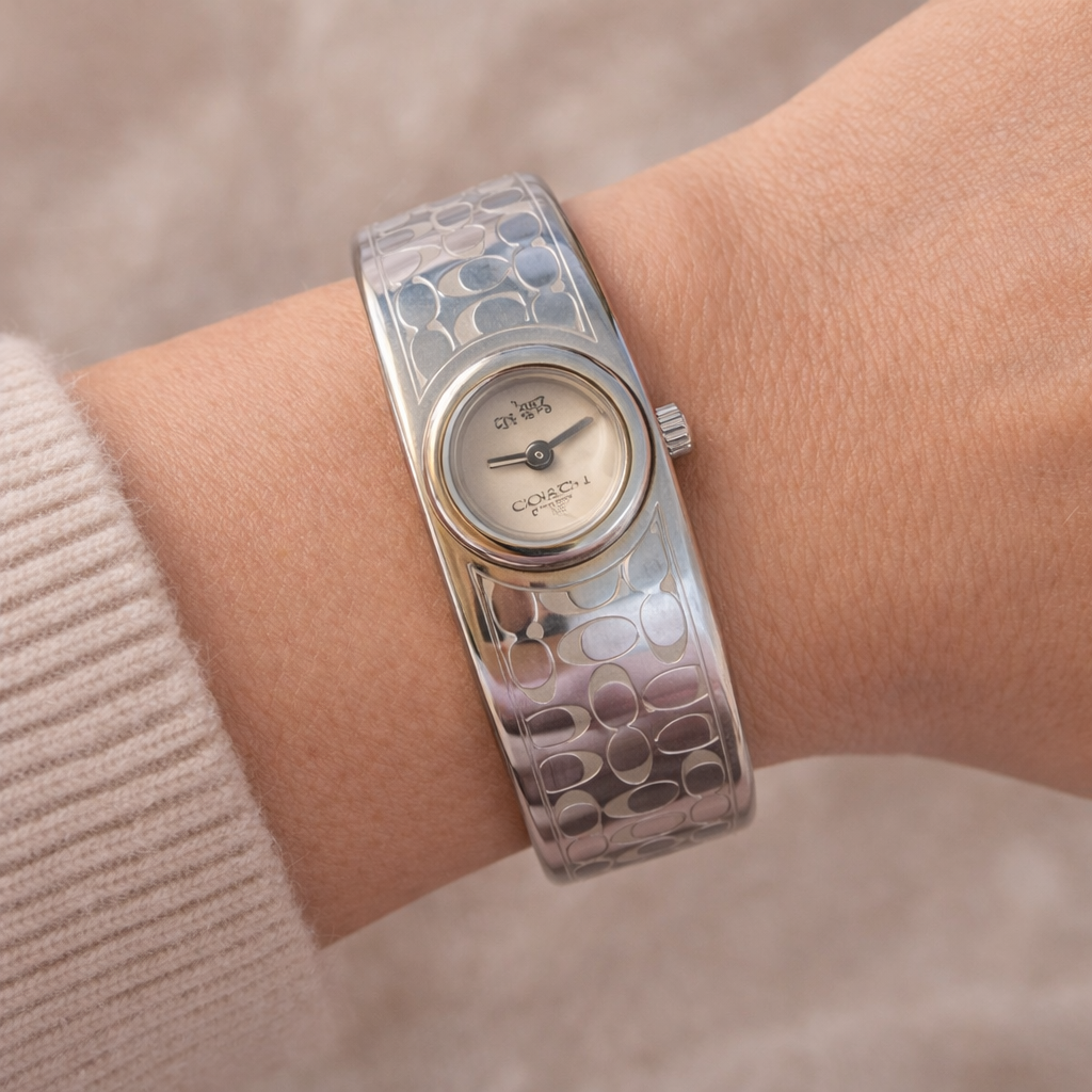 Coach Signature Silver Tone Cuff Watch – Pre-Owned Designer Bracelet Watch