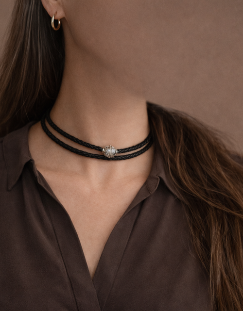 Load image into Gallery viewer, Retired Silpada Leather Wrap Bracelet / Choker Necklace – Sterling Silver &amp; CZ Clasp
